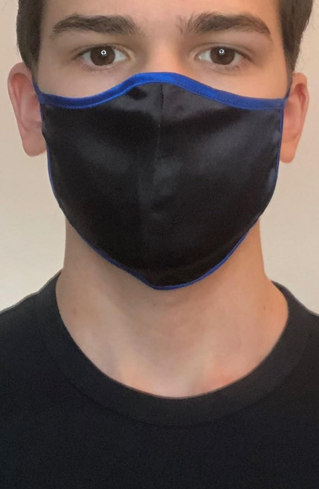 
                
                    Load image into Gallery viewer, Black &amp;amp; Blue Silk Fashion Face mask with filter - Thebritishmask
                
            