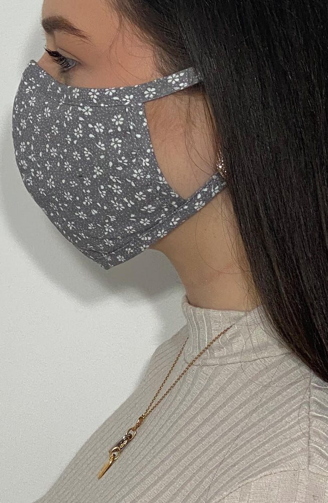 Ditsy Grey Floral Fitted Fashion Face mask with filter - Thebritishmask