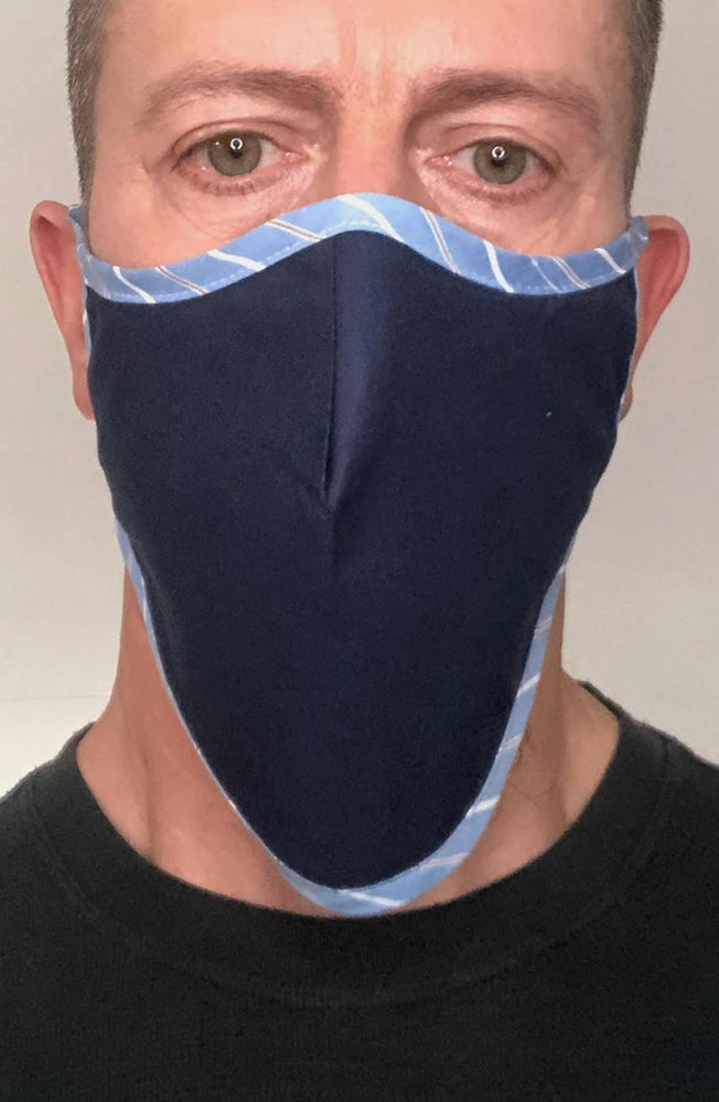 
                
                    Load image into Gallery viewer, Navy with contrast Blue Stripe Beard Longline Face mask with filter - Thebritishmask
                
            