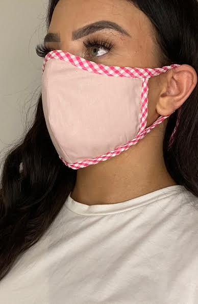 
                
                    Load image into Gallery viewer, Nude Mask with contrast Pink Gingham Fitted Fashion Face mask with filter - Thebritishmask
                
            