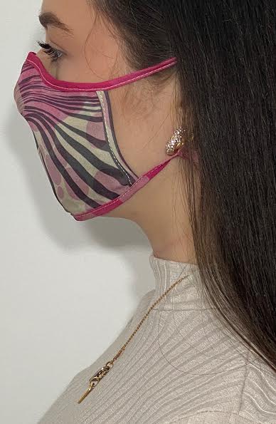
                
                    Load image into Gallery viewer, Pink Grey Retro Print Silk Fashion Face mask with filter - Thebritishmask
                
            