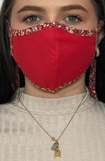 Red with Red Floral Contrast Fitted Fashion Face mask with contrast and filter