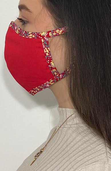 
                
                    Load image into Gallery viewer, Red with Red Floral Contrast Fitted Fashion Face mask with contrast and filter - Thebritishmask
                
            